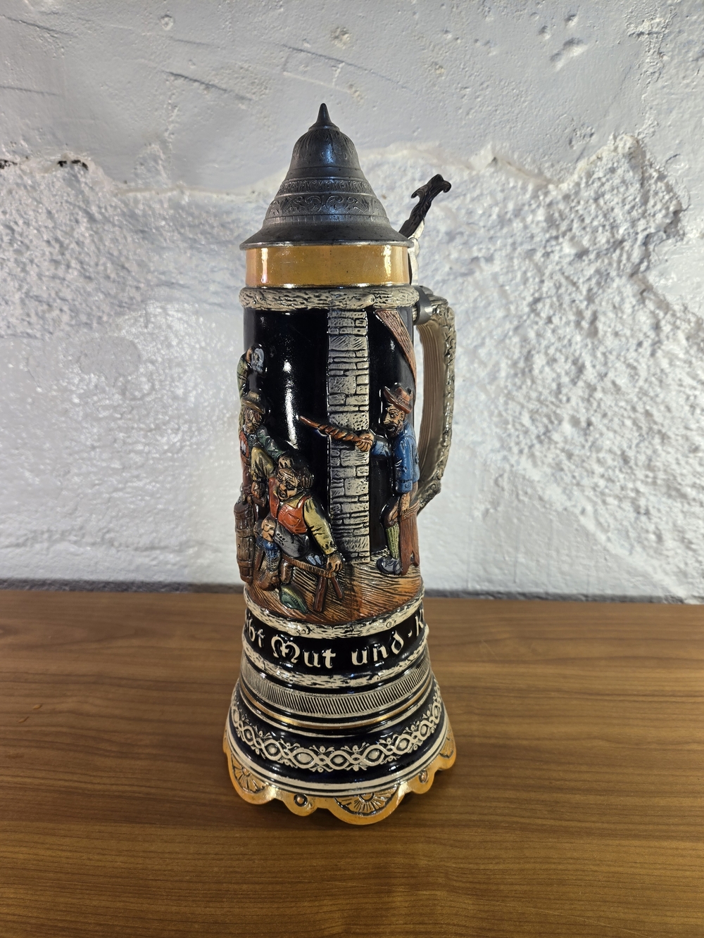 German Musical Beer Stein Pewter Lid Tavern Scene 13” Music Box Tested Works